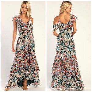 Lulus Radiant Hunter Green Floral Print Chiffon Maxi Dress Size Small NEW NWT